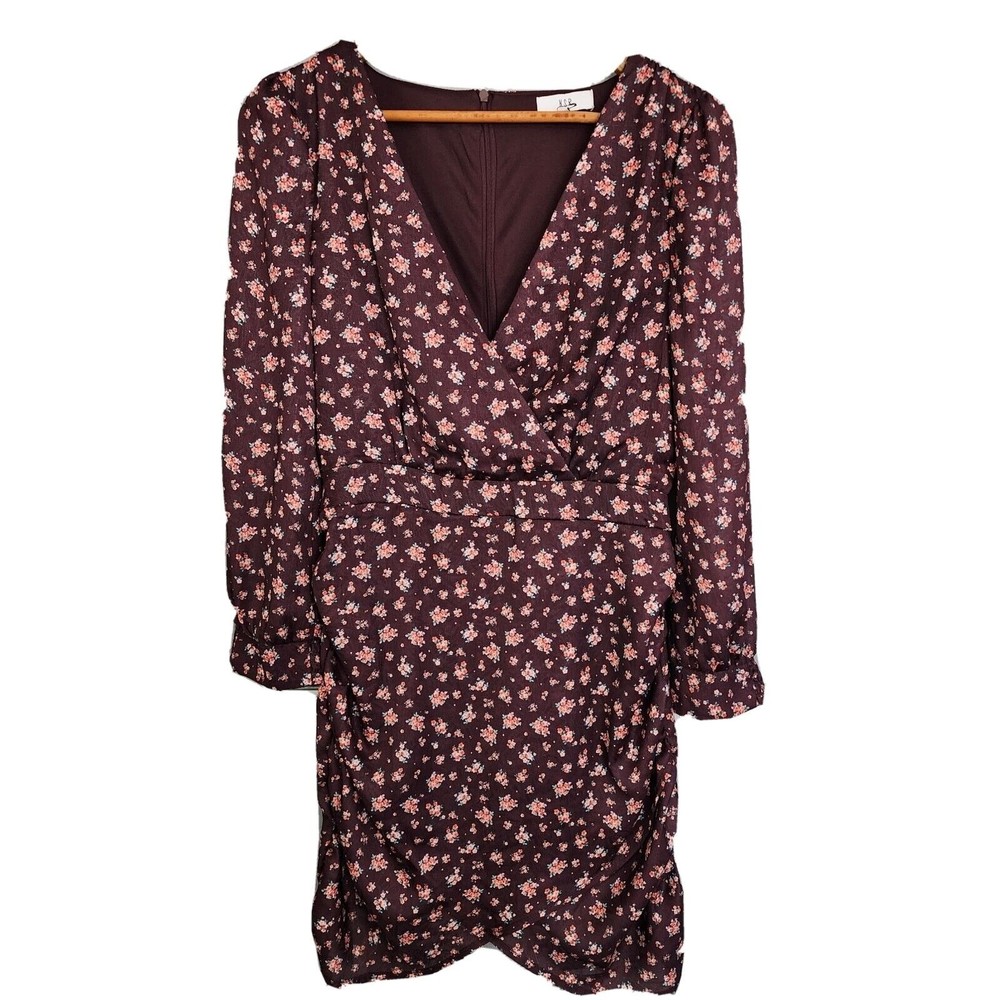 NSR SURPLICE LONG SLEEVE RUCHED DRESS IN BROWN FLORAL SMALL